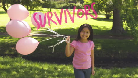 animation of survivors text over smiling girl with balloons