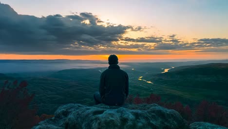 a person sitting on top of a mountain looking out over a valley