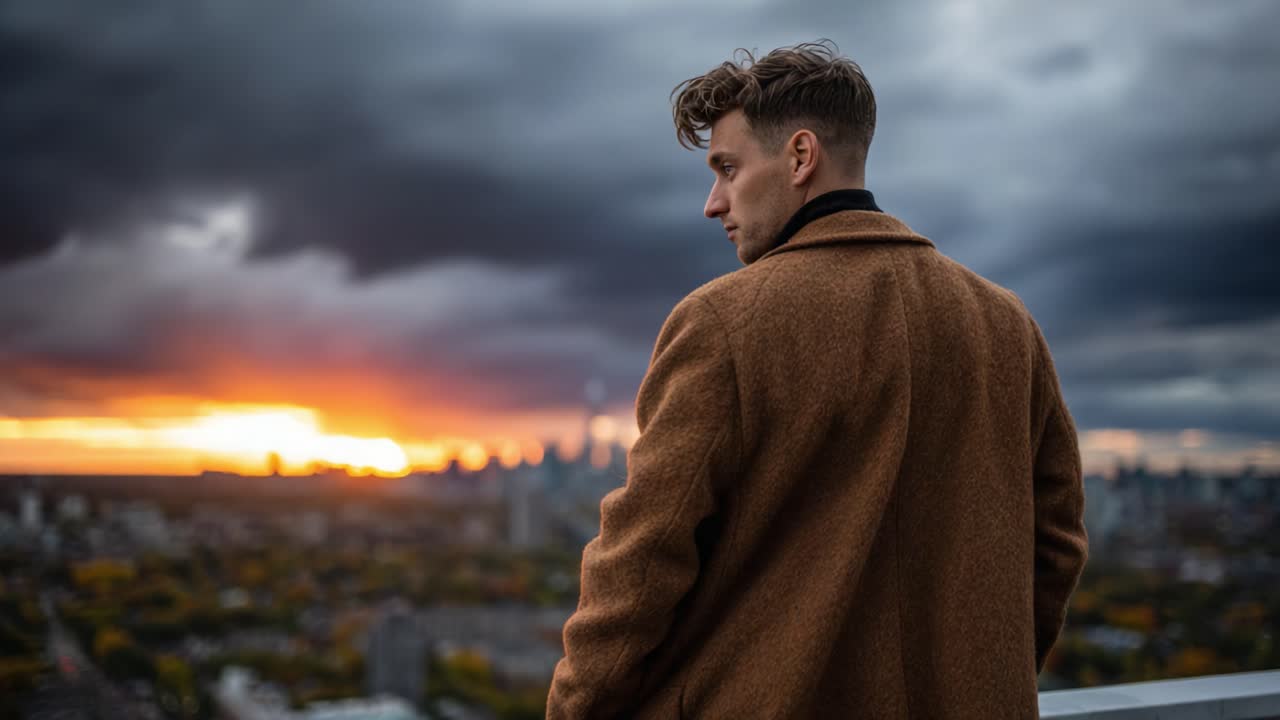 Una figura contemplativa osserva un vivace skyline al tramonto, incarnando la serenità e la bellezza della natura mentre la vita urbana svanisce sullo sfondo.