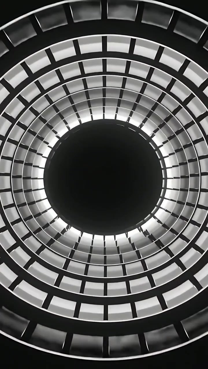 Video vertical: Cámara ajustando la exposición y haciendo zoom, revelando un atrio concéntrico con un óculo.