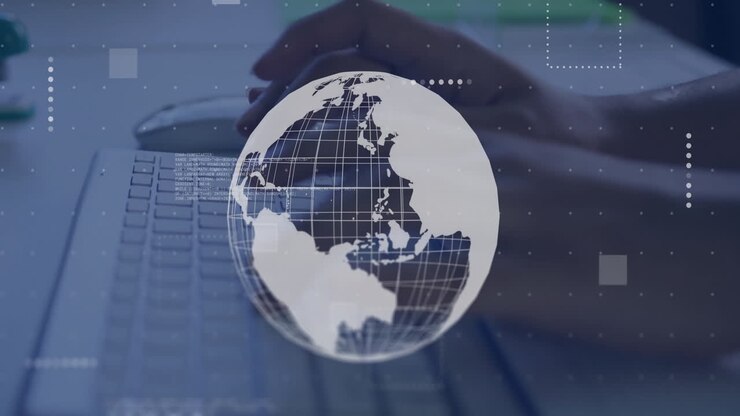 Animation of globe and data processing over caucasian woman using laptop