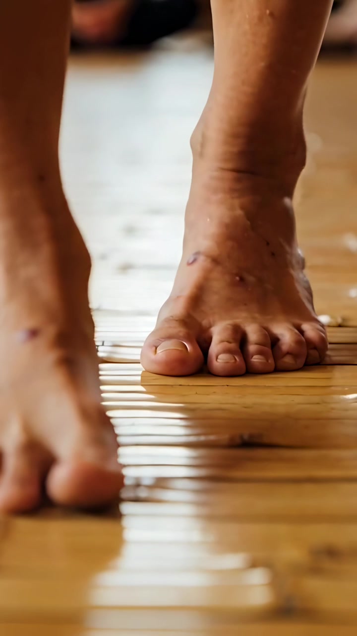 Video verticale: Piedi che iniziano a muoversi verso una luce soffusa su doghe, con un tatuaggio alla caviglia.