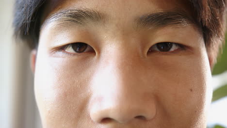 smiling asian teenage boy with freckles and curly hair looking directly at camera