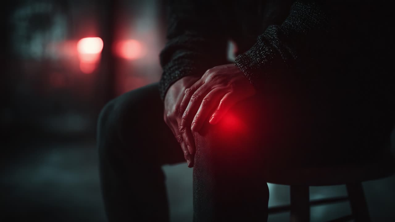 A Close-Up of a Person Sitting with a Red Light Glowing on Their Knee, Enveloped in Shadows and a Mysterious Atmosphere in a Dimly Lit Setting