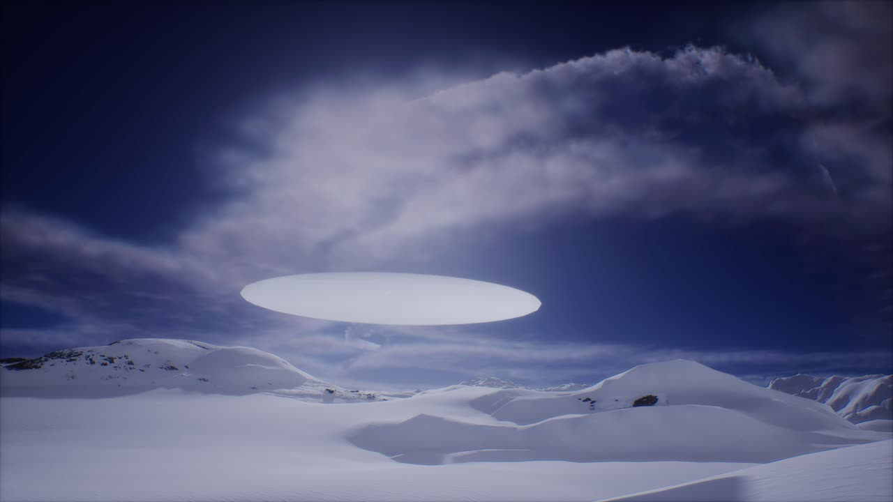 Oval shaped UFO UAP approached as it flips the Polar Arctic region close up CGI