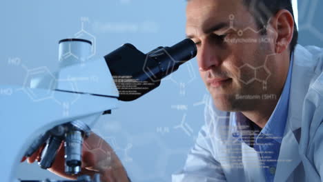 Animation-of-data-processing-and-chemical-formula-over-caucasian-male-scientist-using-microscope