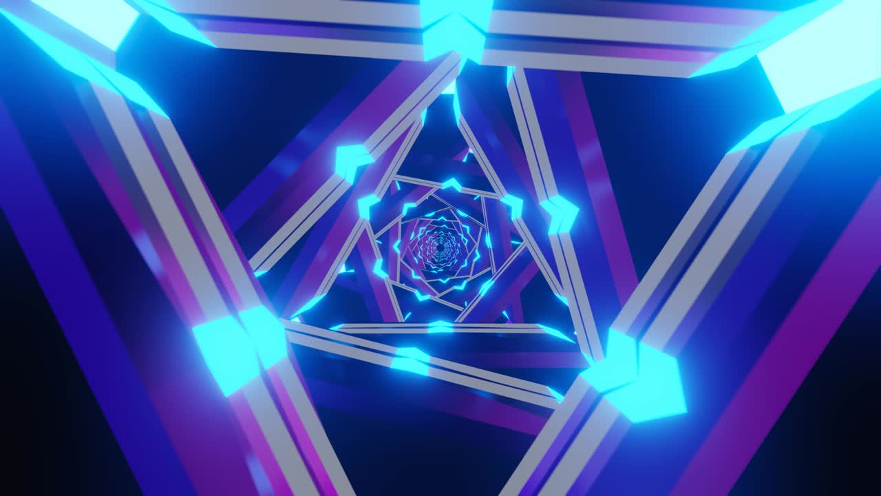 ciencia ficción abstracto portal de tecnología avanzada renderización 3d. plantilla de triángulo de neón brillo de bucle de túnel azul-púrpura. abstracto volando en moderno zoom iluminación de neón corredor de metal futurista con triángulos.