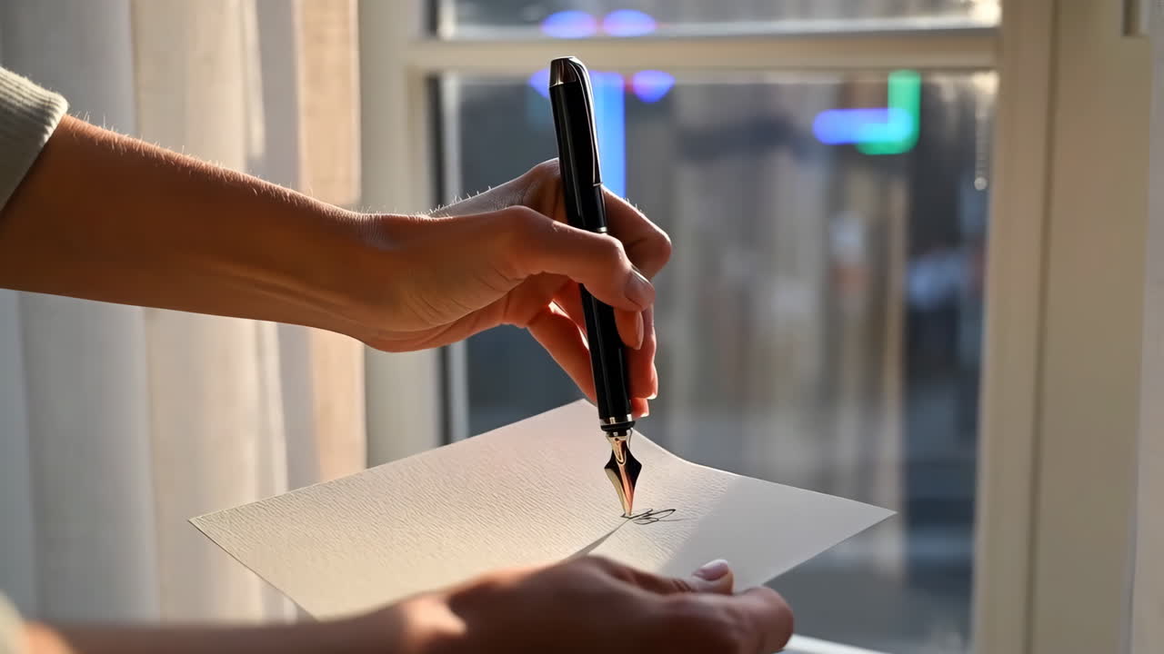 Person Writing with a Fountain Pen by a Window