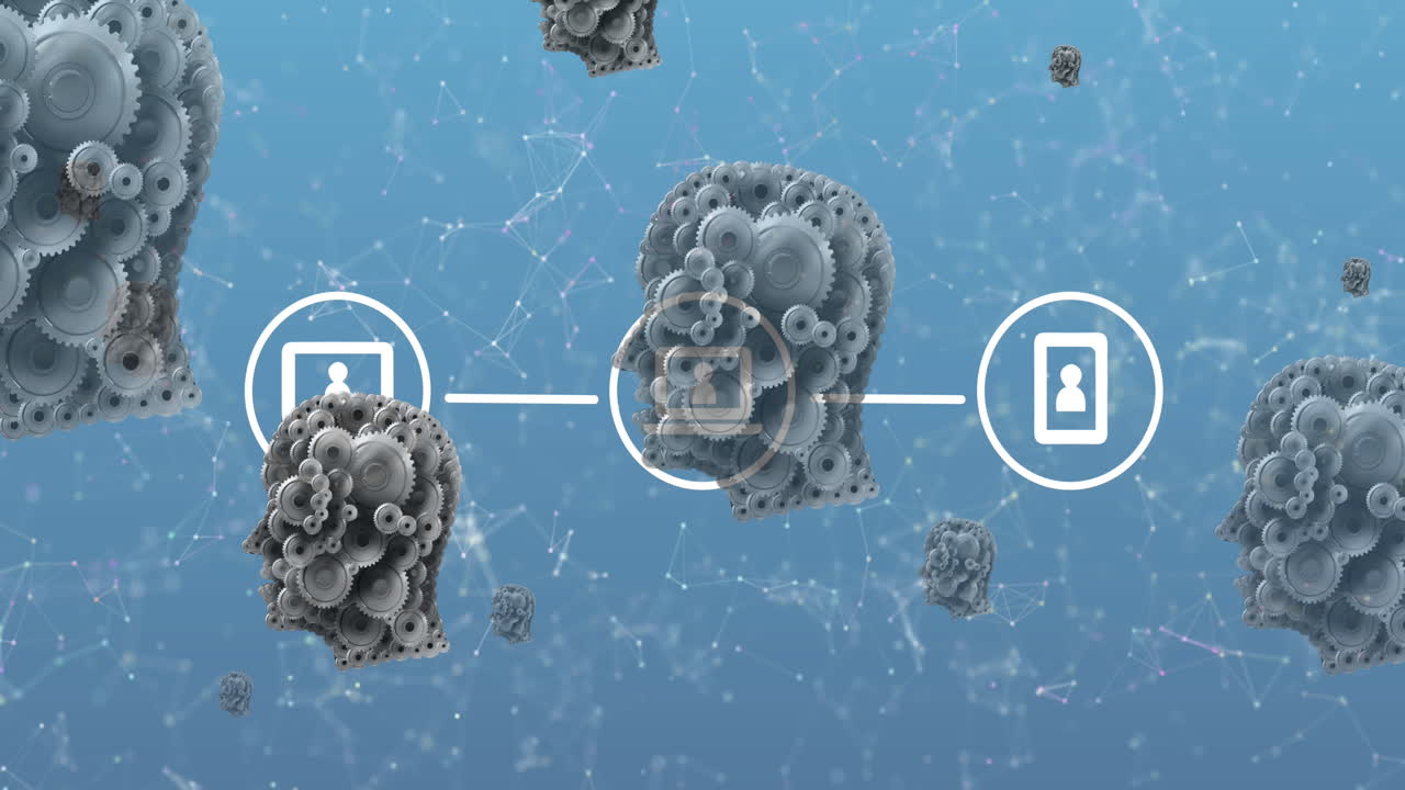 animación de iconos digitales blancos y cabezas humanas con engranajes a través de una red de conexiones