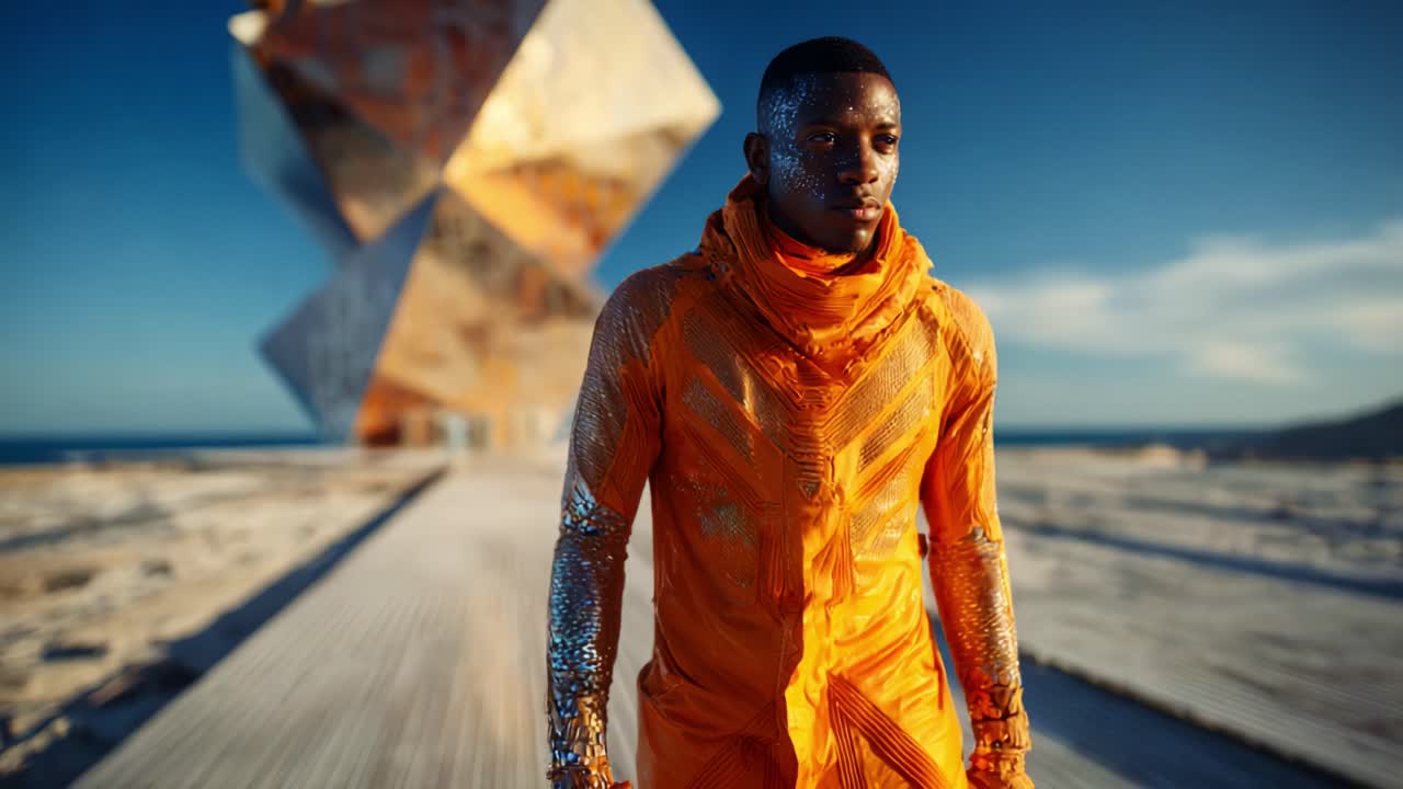 A confident figure walks along a futuristic landscape, adorned in an intricate orange garment, reflecting creativity and style against a stunning geometric backdrop under a clear blue sky