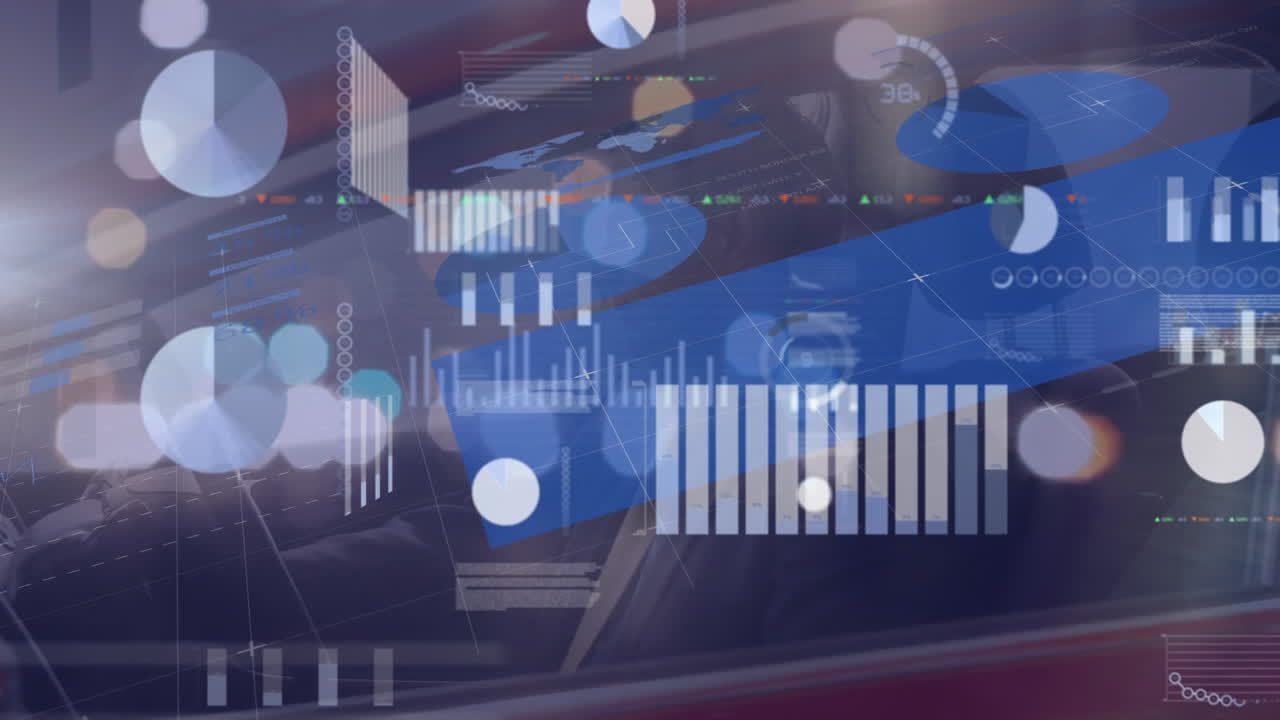 다양한 데이터 및 그래프의 애니메이션 처리, 흐릿한 야간 도로 교통.