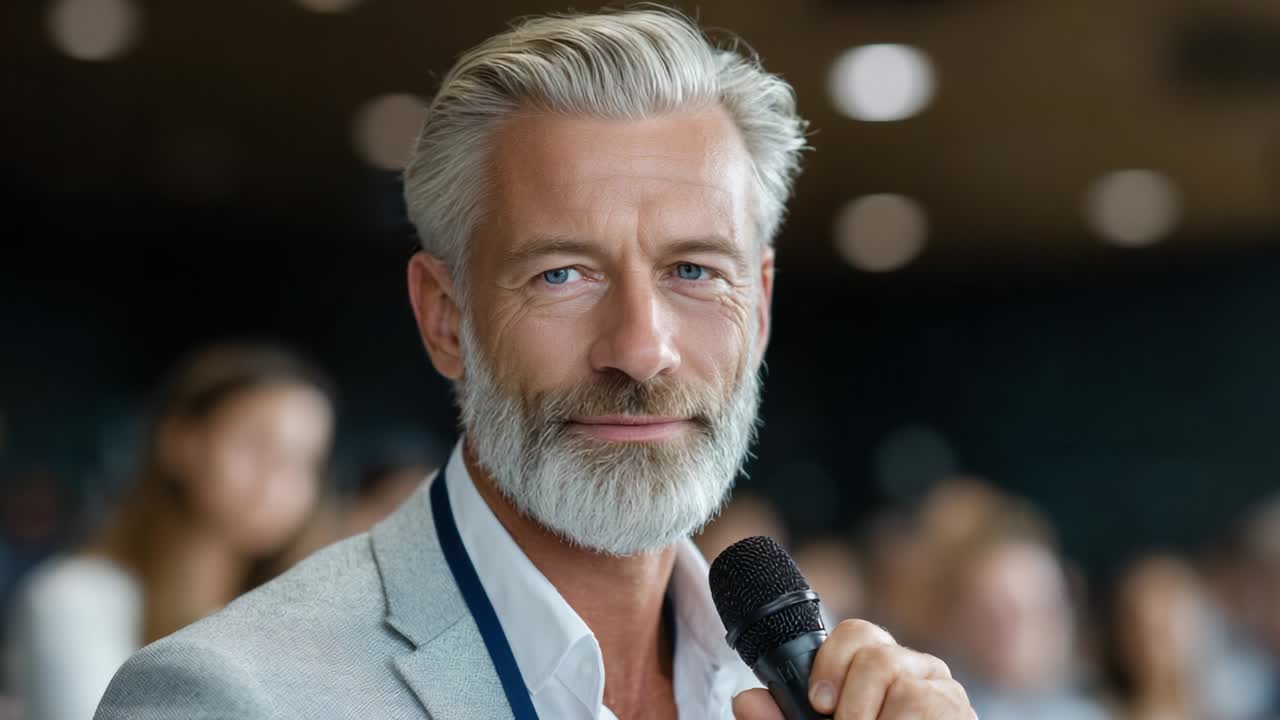 Ein angesehener Redner im Gespräch mit einem Publikum, festgehalten in einem Zwei-Frame-Moment, der charismatische Führung, Professionalität und Enthusiasmus während einer dynamischen Präsentation auf einer Konferenz zeigt