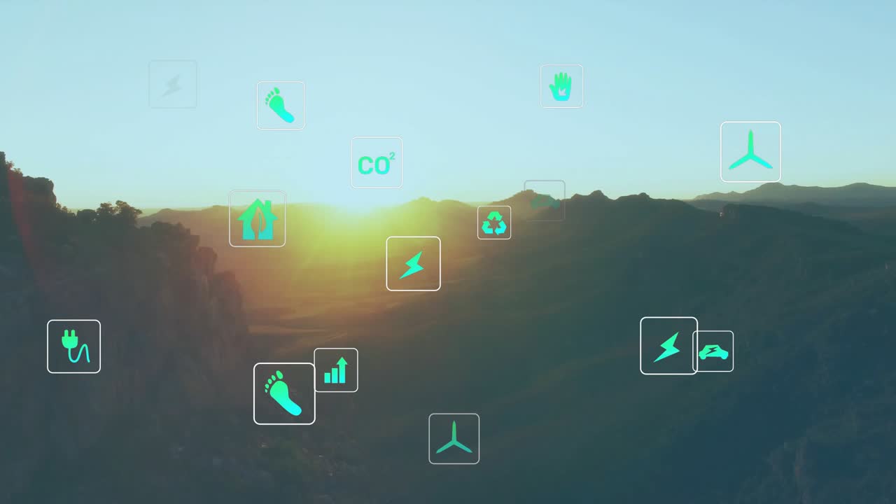 Sunrise emerging over ridge, causing teal icons fading and pulsing to visualize environmental data
