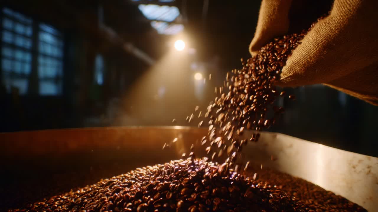An Artisan Carefully Pouring Roasted Coffee Beans from a Sack into a Pan, Highlighting the Rich Colors and Textures in a Dimly Lit Coffee Roasting Environment