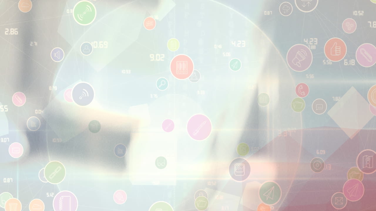 흐릿한 배경 위에 디지털 아이콘이 있는 지구의 애니메이션