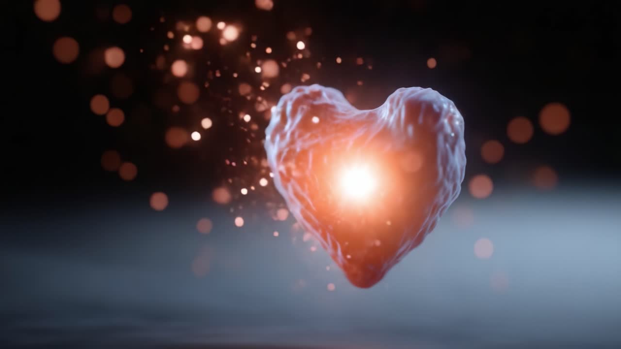 A mesmerizing glowing heart shape surrounded by sparkling particles, symbolizing love and emotion, floating gracefully against a soft blurred background of light