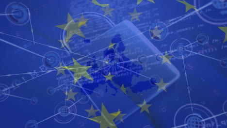 animation of network of connections and padlock over flag of european union