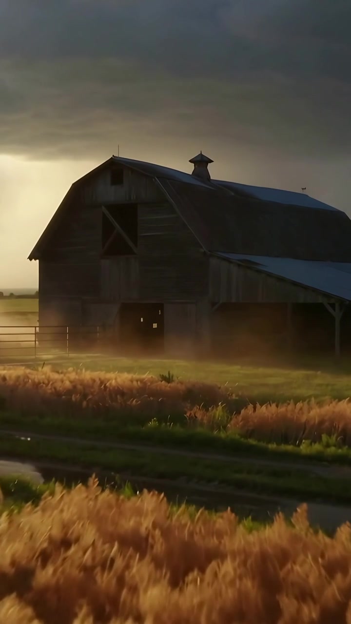 Vertical video: Panning camera revealing wooden barn in wheat field, capturing storm flash