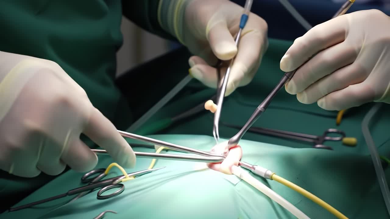 A Surgeon's Precision: Intricate Surgical Procedure Highlighting Skilled Hands and Instruments at Work During a Medical Operation