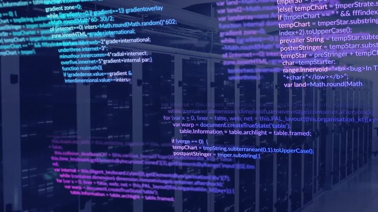 Animation of data processing and mosaic squares against computer server room