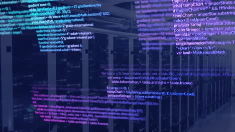 Animation-of-data-processing-and-mosaic-squares-against-computer-server-room