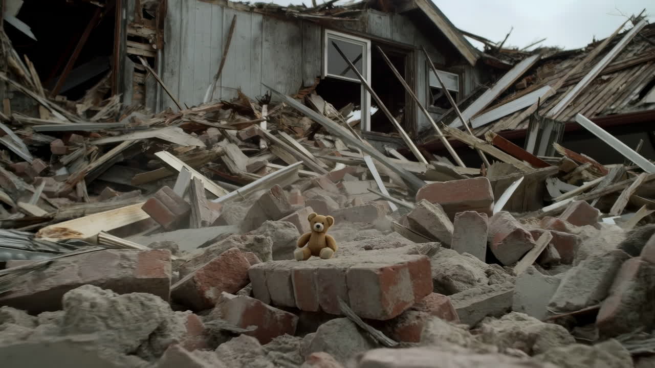 Orsetto di peluche tra le macerie di una casa crollata. Piccolo giocattolo di peluche seduto su mattoni rotti e legname in un ambiente urbano desolato