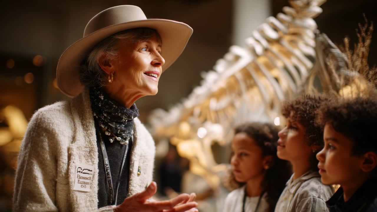 An Engaging Dialogue on Science and Nature: A Passionate Speaker Captivates Children with Fascinating Stories Amidst a Stunning Fossil Exhibit in a Learning Environment