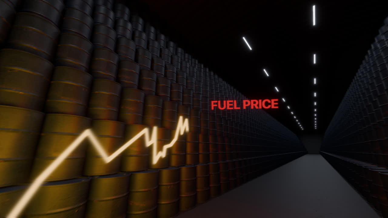 Grafico dell'aumento del prezzo del carburante sopra barili di petrolio in un magazzino buio. Concetto di crisi energetica, inflazione, carenza di carburante e costo della vita elevato. Famiglia che lotta per sopravvivere con un salario minimo.