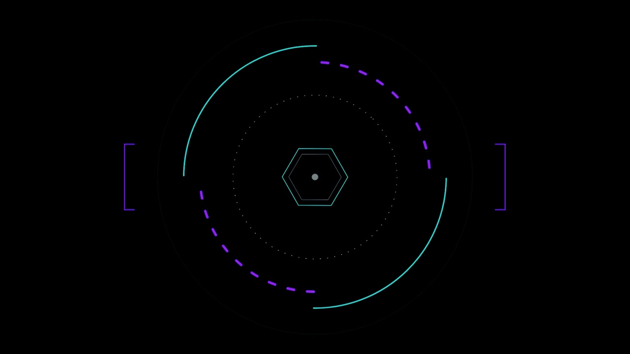 Futuristic Digital HUD Interface with Rotating Hexagon and Circular Elements
