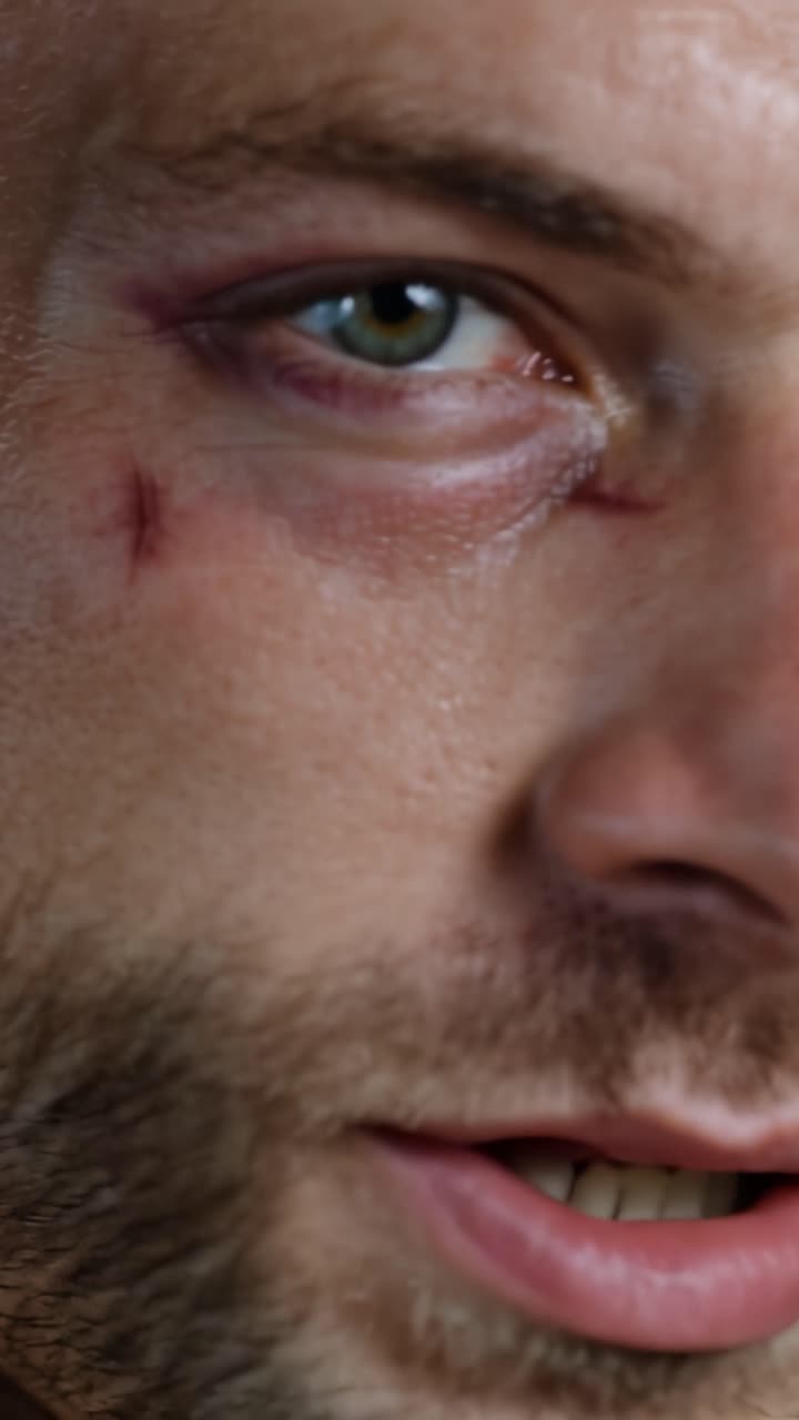 Close-up of bruised eye and cheek. Red mark trails beneath the eye. Mature man with stubble. Serious, weary gaze. Fight or injury aftermath. Ideal for dramatic, intense scenes