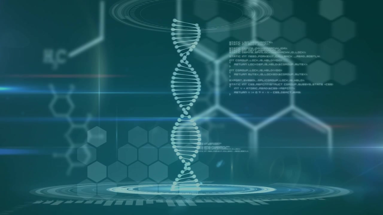Animation of texts forming brain over dna strand, data processing and chemical formula