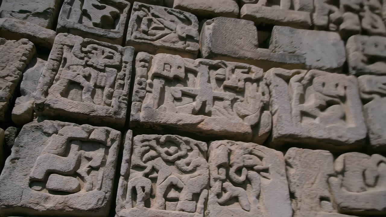 Ancient Mayan Carvings on Stone Wall