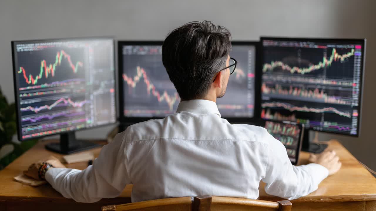 Focused Trader Analyzing Financial Markets Through Multiple Monitors, Charting Trends and Making Informed Investment Decisions in a Modern Workspace Setting