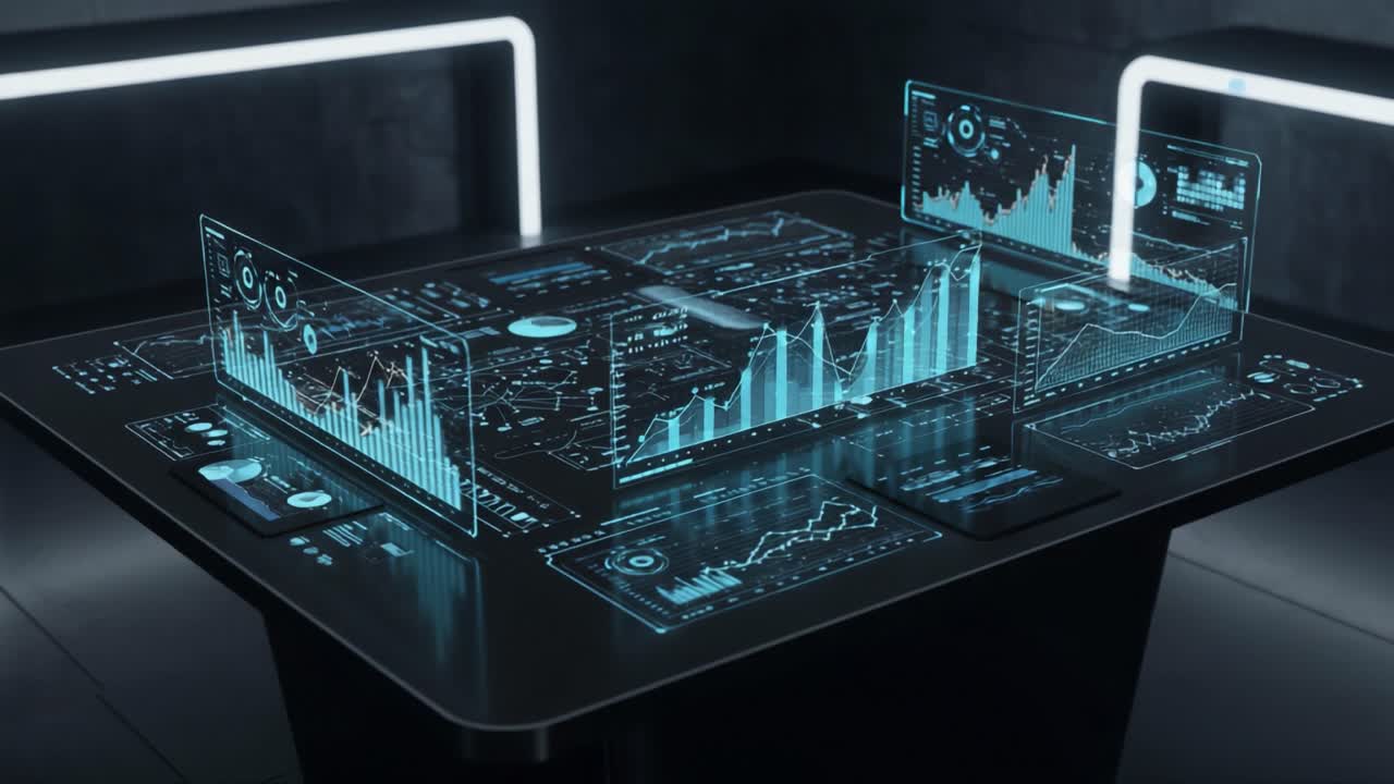 Futuristic Data Visualization: An Interactive Table Displaying Dynamic Graphs and Analytics in a Sleek, High-Tech Environment for Effective Decision-Making