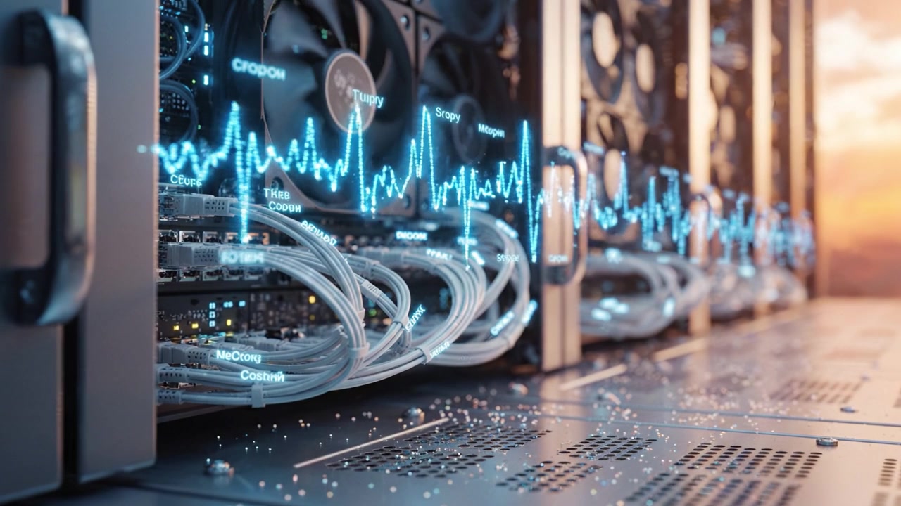 Dynamic Server Technology with Active Cooling Fans and Data Cables Illustrating Digital Heartbeat Wave Patterns in a Modern Data Center Environment