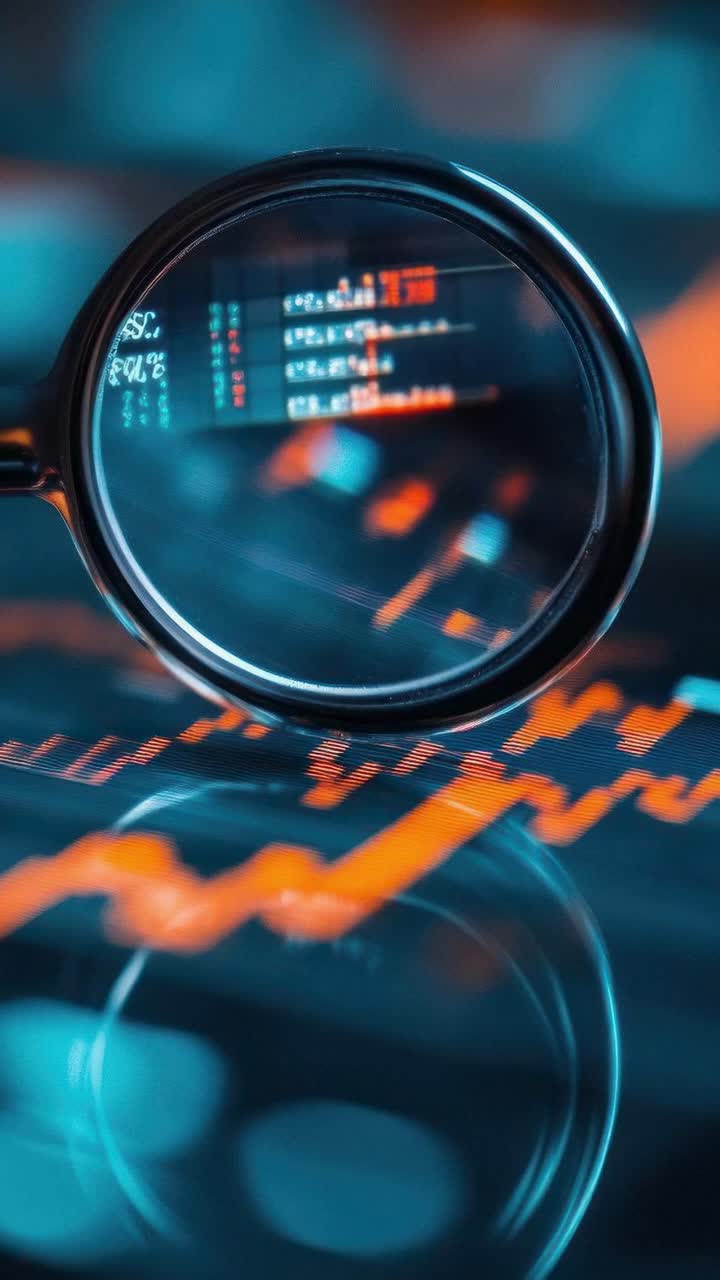 Close-up, angled shot of a digital screen displaying colorful financial graphs, with a magnifying