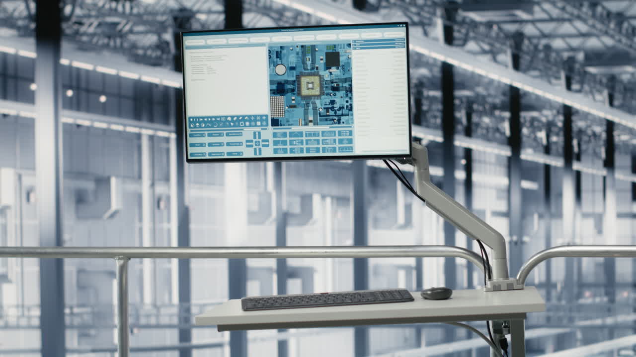 Simulation software on display in empty microchip industry 4.0 plant