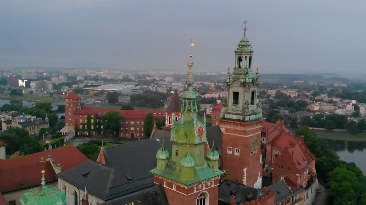 Cloudy morning in Krakow, Wawel Castle and city panorama, aerial view