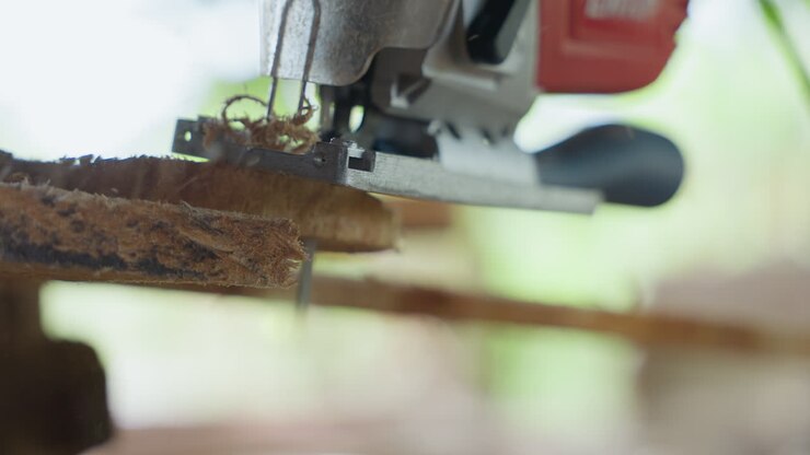 Closeup jigsaw trimming deck board, electric saw slicing timber underside with fine shavings, sunlight filtering through greenery, joiner working with steady control, outdoor renovation mood, focused