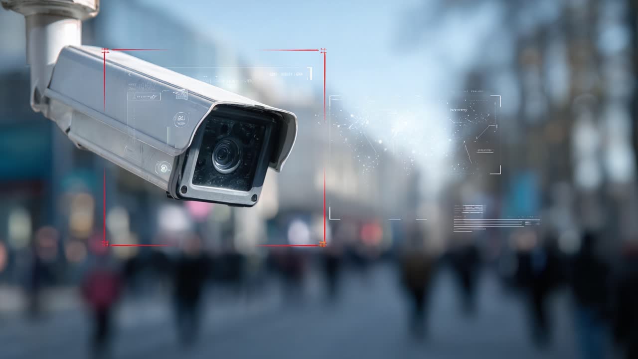 Sistema di sorveglianza avanzato con telecamera CCTV ad alta definizione che acquisisce l'attività urbana e integra la tecnologia di riconoscimento facciale potenziata dall’IA per una maggiore sicurezza