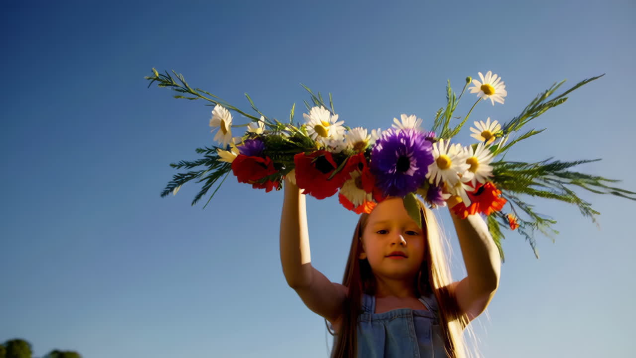A young girl holds a vibrant flower wreath against a blue sky