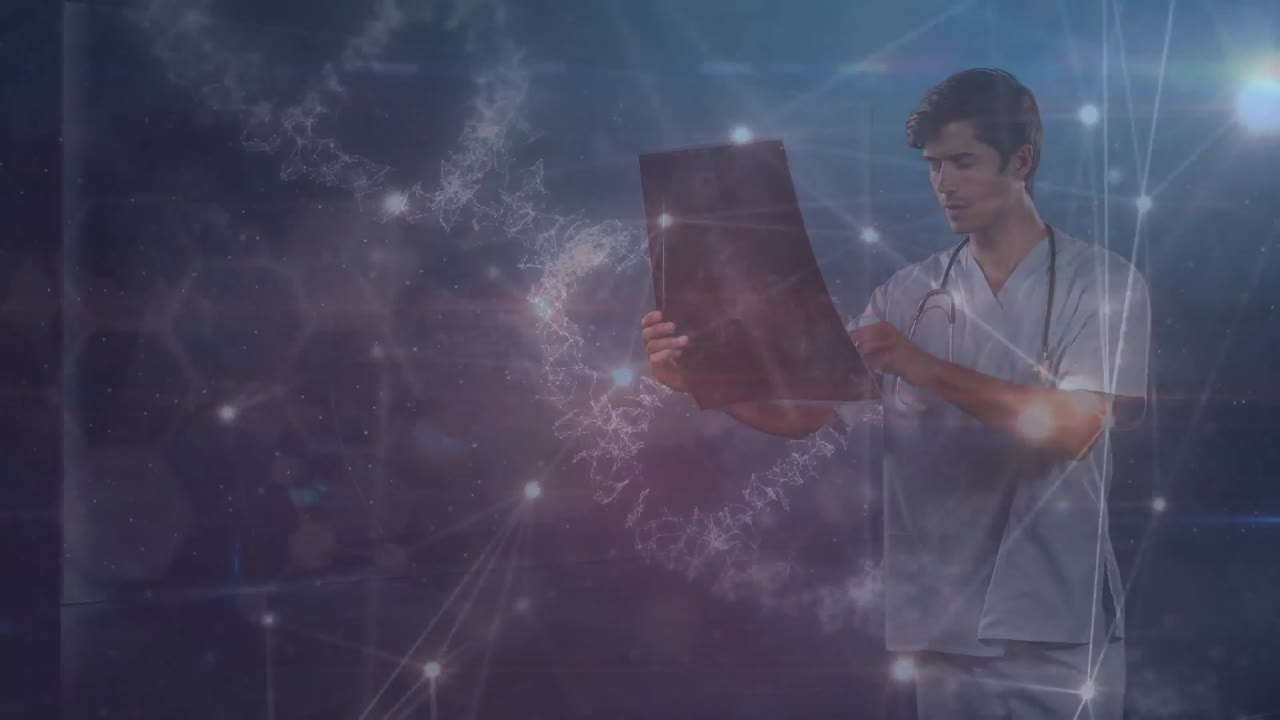 스레이 보고서를 검사하는 백인 남성 의료 종사자에 대한 연결 네트워크의 애니메이션.