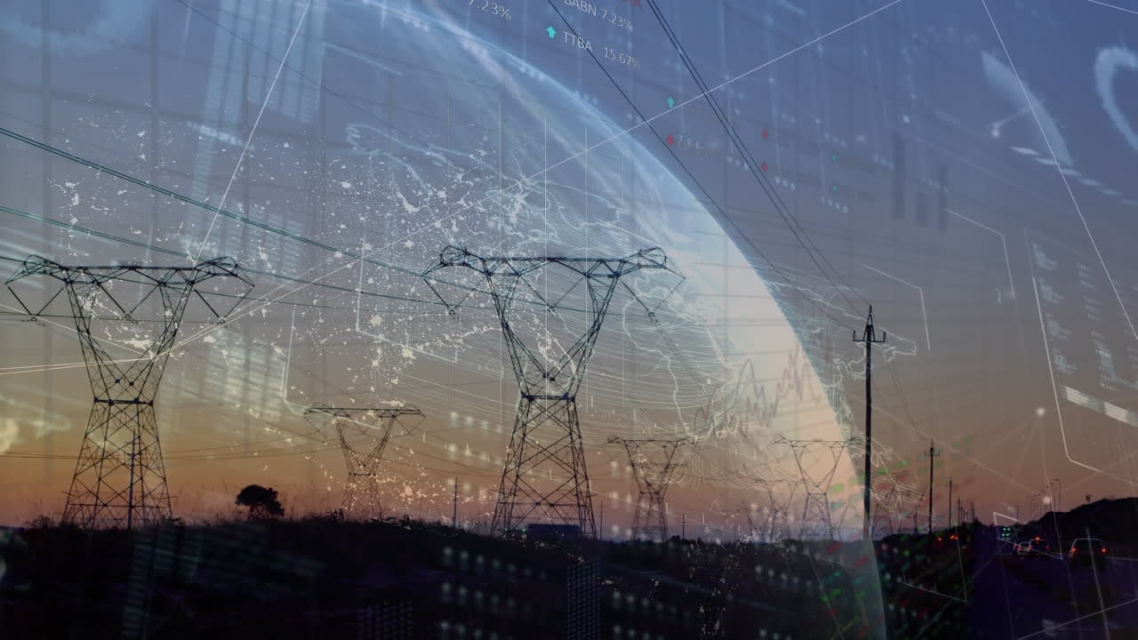 Animation of financial data processing, globe against electricity pylons