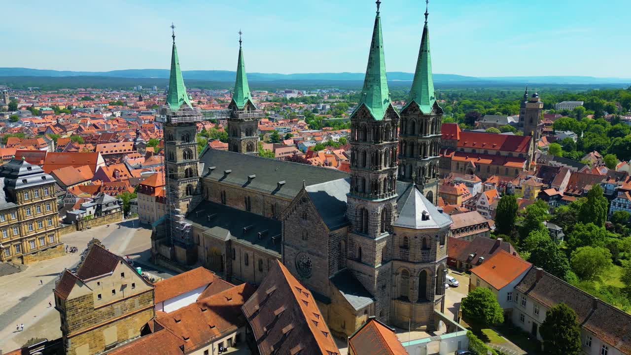 4K Aerial Drone Video of the Beautiful Bell Towers of the Bamberg Cathedral in the Old Town area of Bamberg, Germany (High Speed)