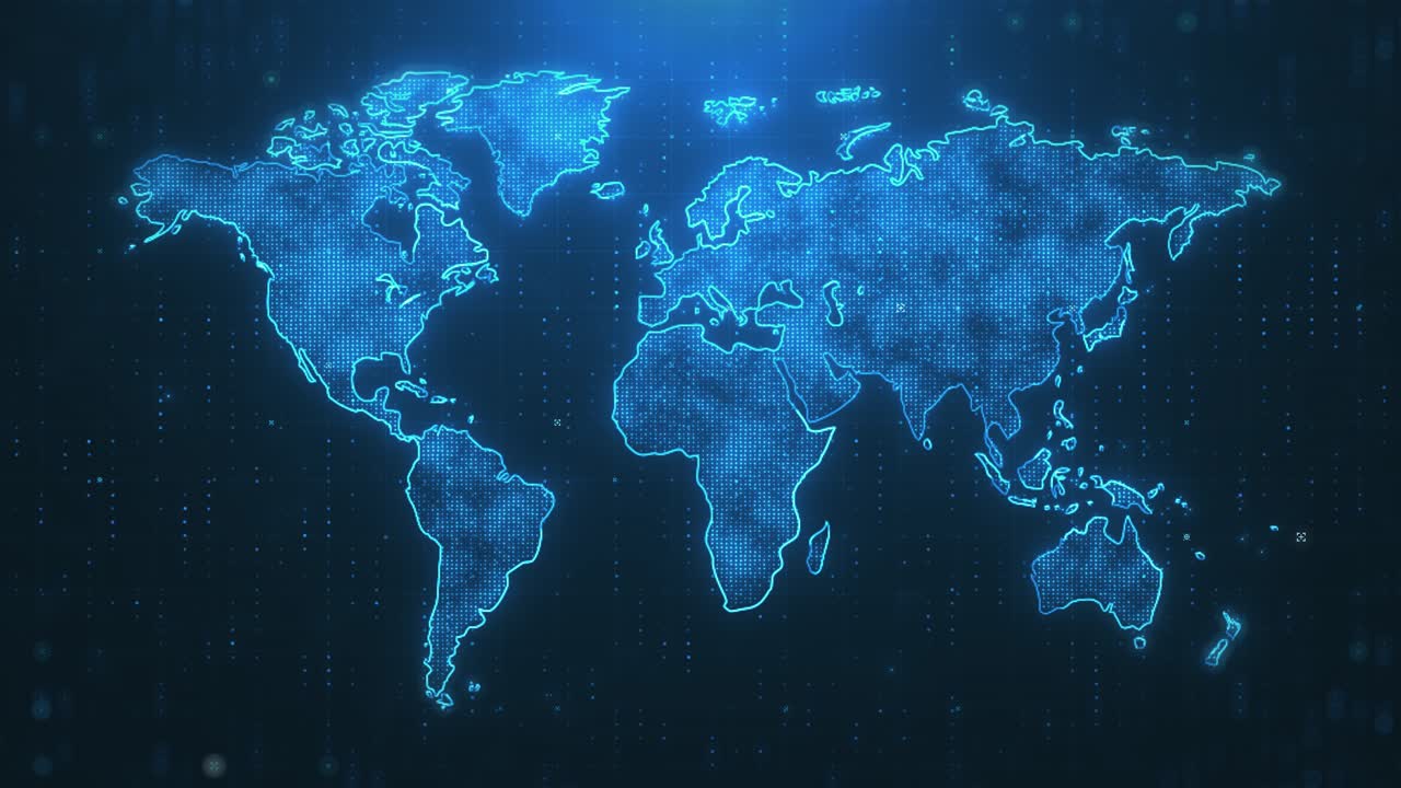 High-Quality 3D Render of Blue Sci-Fi Movies Hologram World Map. Looping Paths and Connections in High Technology World Map
