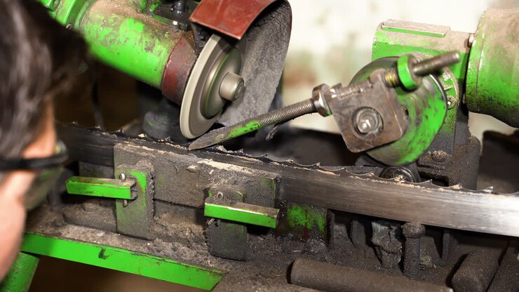 Mechanic does quality check on automatic saw band sharpening machine in progress