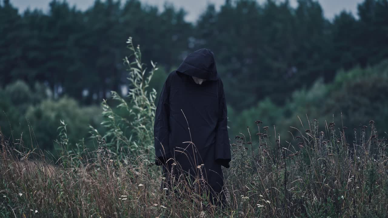 Ghost wandering in nature. Hooded ghostly figure in countryside field