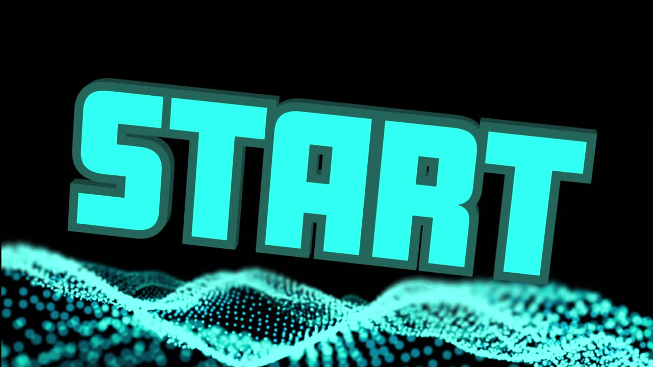 animación del texto de inicio azul sobre una malla ondulada abstracta con manchas azules