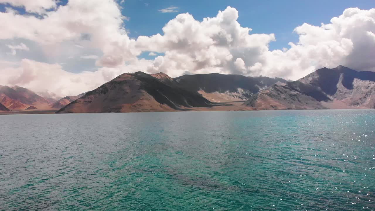 Drone view the breathtaking beauty of Pangong Lake with majestic mountains, Ladakh, India