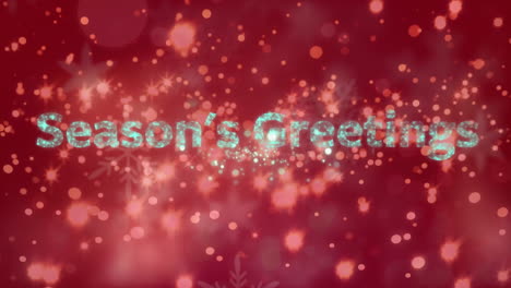 animation of snowflakes over seasons greeting and fireworks on red background